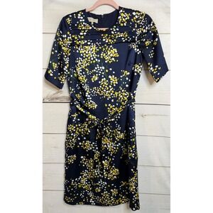 Hobbs London Mimosa Floral Sheath Dress Navy Yellow White Pleated Neck US 4